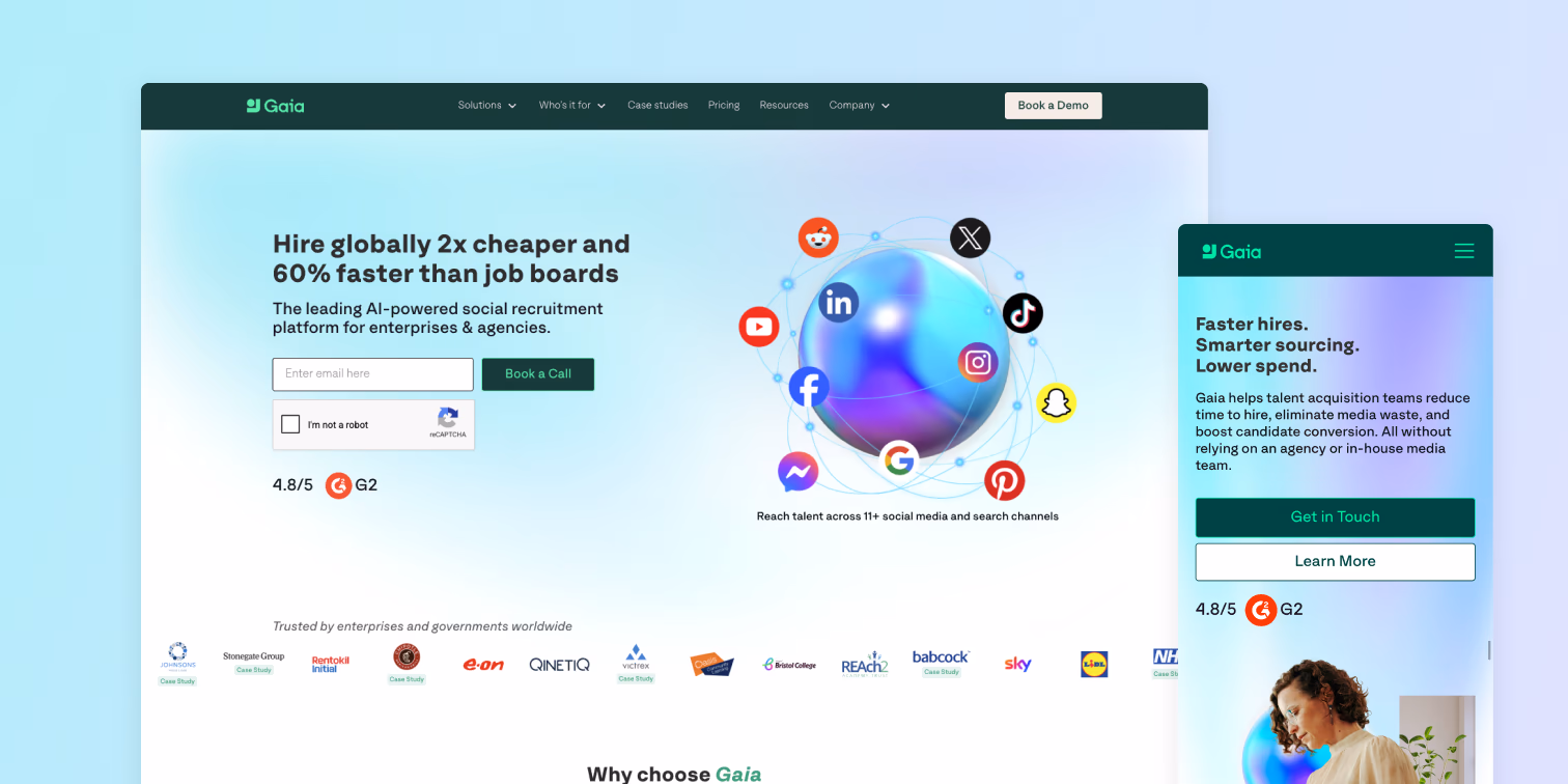 Gaia recruitment marketing platform website on desktop and mobile