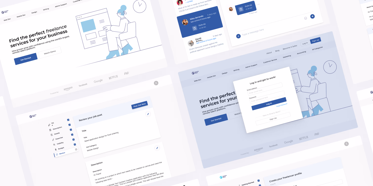 Smarta Work freelance marketplace web dashboard screens